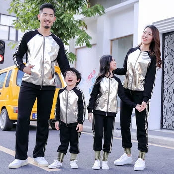 

Family Matching Outfits Set PU leather Pachworked Coat and Long Trousers Dad Son Sports Suits Family Look Sets for Child-parents