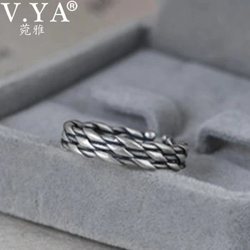 

V.YA Pure 925 Sterling Silver Rings Retro fashion Braided Rope Pattern Open Silver Chain Ring Fashion Female Jewelry