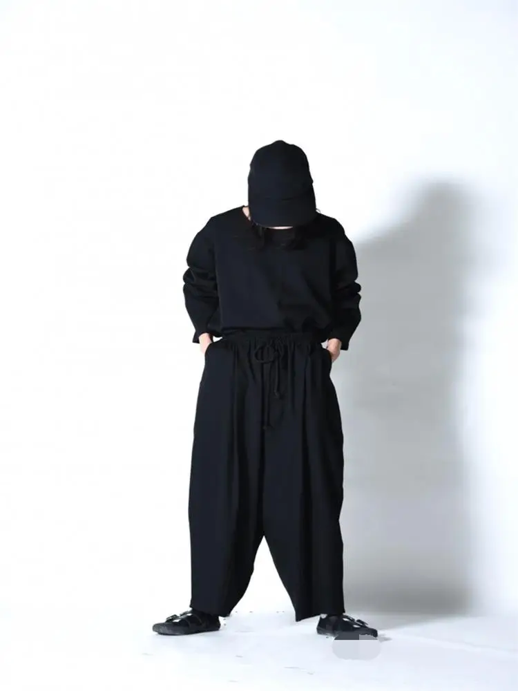 Men's Casual Pants Wide Leg Pants Harlan Pants Spring And Autumn New Black Elastic Waist Hanging Gear Design Fashion Large Size