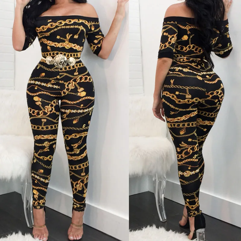 Chain Print Off Shoulder Jumpsuits Long Pants For Women Fitness Short Sleeve Playsuit Sexy Club Rompers Overalls Dropshipping