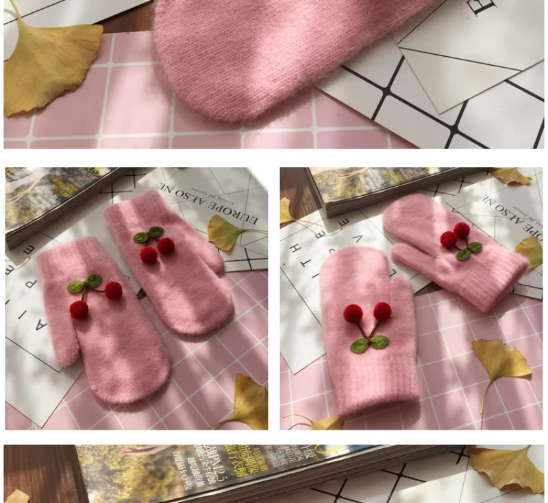 Women Winter Cute Lovely Keep Warm Mittens Full Finger Knitting Gloves Cherry Plus Velvet Inside Thicken Windproof Soft Female