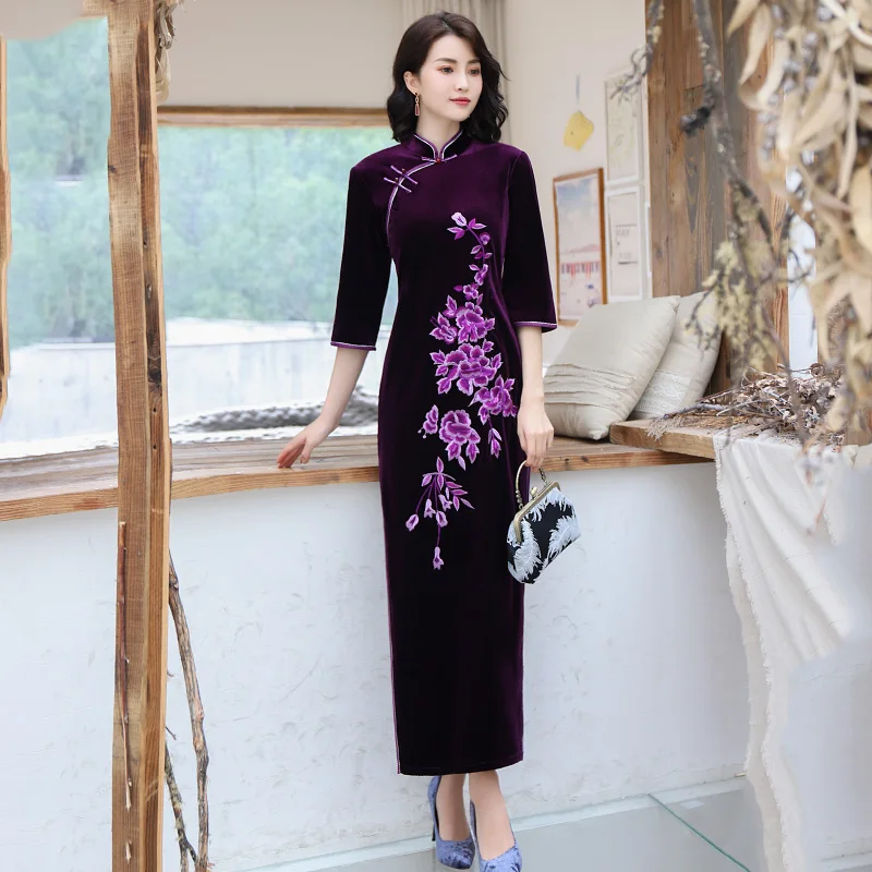 Пикантные женские велюровые Длинные Cheongsam Осень Зима традиционное китайское стильное платье Qipao тонкие Вечерние платья на пуговицах Vestido M-4XL - Цвет: Фиолетовый