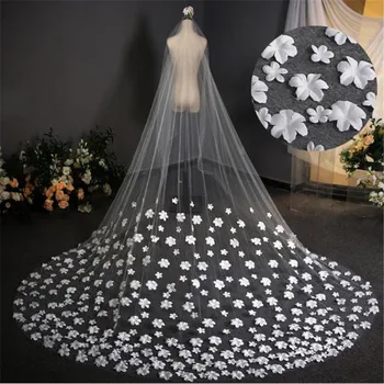 

New Cathedral Bridal Veils Long Trailing Appliques Flowers Fairy Net Yarn Wedding Veils with Comb