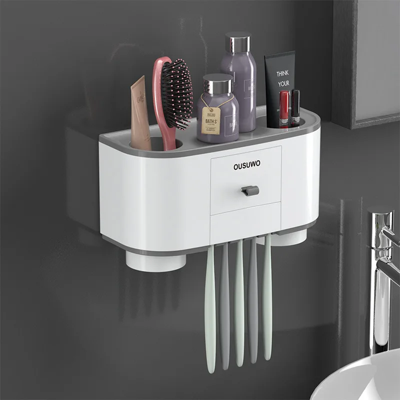 A-2 cups Gray Держатель для зубных щеток, автоматический диспенсер для зубной пасты, соковыжималка для ванной комнаты, стойка для хранения, настенное крепление, наборы аксессуаров для ванной комнаты - Цвет: A-2 cups Gray