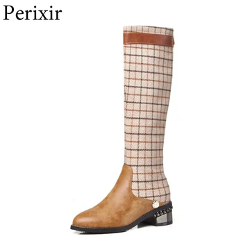 

New Quality PU Boots Women Knee High Boots Shoes Ladies Winter Fashion Plaid Boots Comfort Short Lining Mid Heel Back Zip Shoes