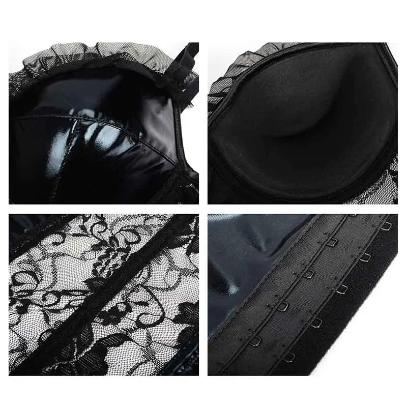 Sexy Gothic Women Steampunk Corselet Black Wetlook Pvc Leather Push Up Lingerie Bustier Underbust Corset Tops Lace Underwear (7)
