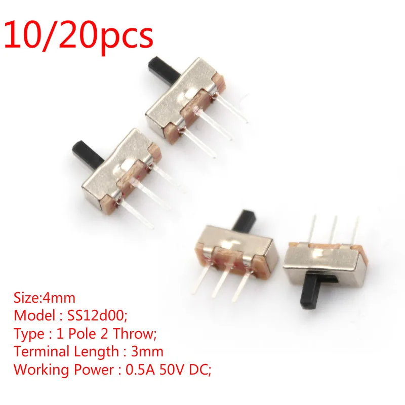 

10/20Pcs Interruptor on-off mini Slide Switch SS12D00 SS12D00G3 3pin 1P2T 2 Position toggle switch Handle length:3MM