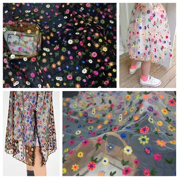 

High quality mesh yarn retro colorful embroidery lace fabric industry flower skin-friendly lace fabric DIY dress clothing materi