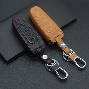 

Genuine Leather Keyless Remote Car Key Fob Case Protector for Ford Escape Explorer Lincoln MKS MKT 5 Buttons Key Cover
