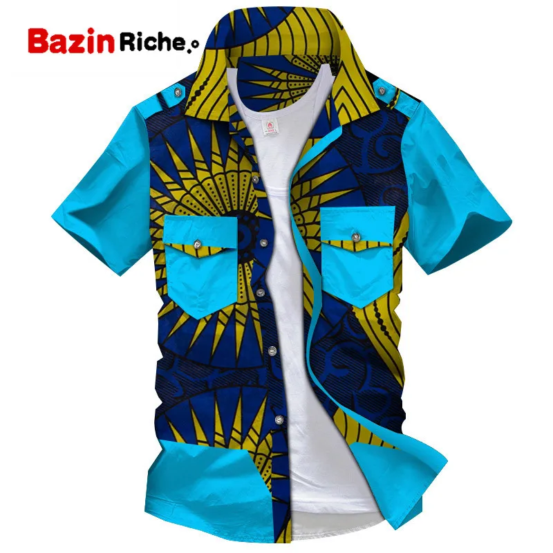 Дашики Мужская Топ рубашка Bazin Riche африканская мужская одежда хлопок Печать Лоскутная Кнопка Топ рубашка мужская африканская одежда WYN894