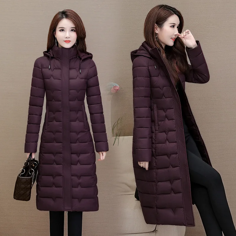

Middle-aged Women Dress down Feather Cotton-padded Clothes Winter Coat Women Jacket Slim Fit Thin Long over-the-Knee Warm Hooded