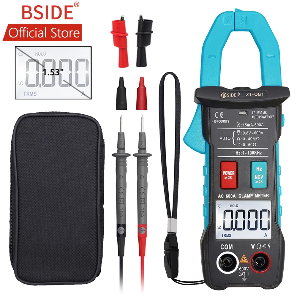 Online Multímetro de pinza Digital BSIDE 600A corriente de entrada True RMS rango automático 4000 cuentas voltaje resistencia NCV con linterna
