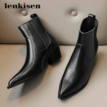 

Lenkisen stretch boots genuine leather patchwork mature thick high heel pointed toe slip on office lady energy ankle boots L30