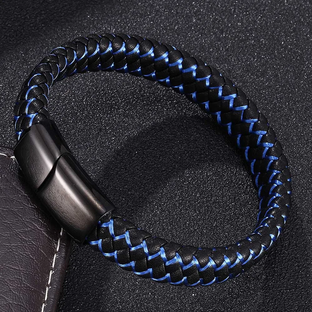 Мужской плетеный кожаный браслет панк черный синий наручные для мужчин нержавеющая сталь Магнитная Застежка модные браслеты украшения подарки