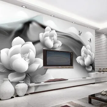 

milofi custom large wallpaper mural 3d black and white ink lotus butterfly background wallpaper mural