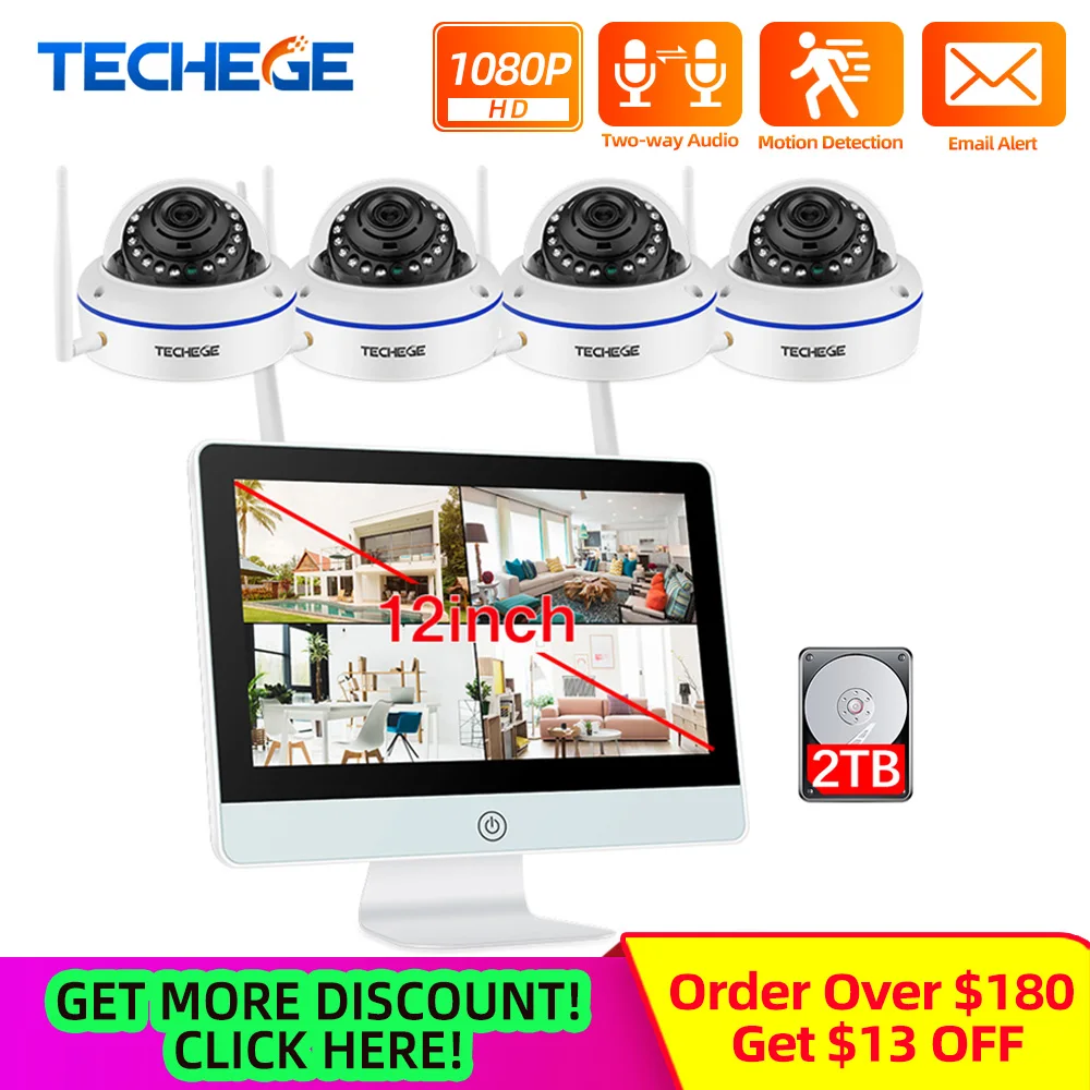 

Techege 8CH 1080P Wireless CCTV System 12 Inch LCD NVR Vandalproof Security IP Camera Indoor WIFI Security Camera System Kit P2P