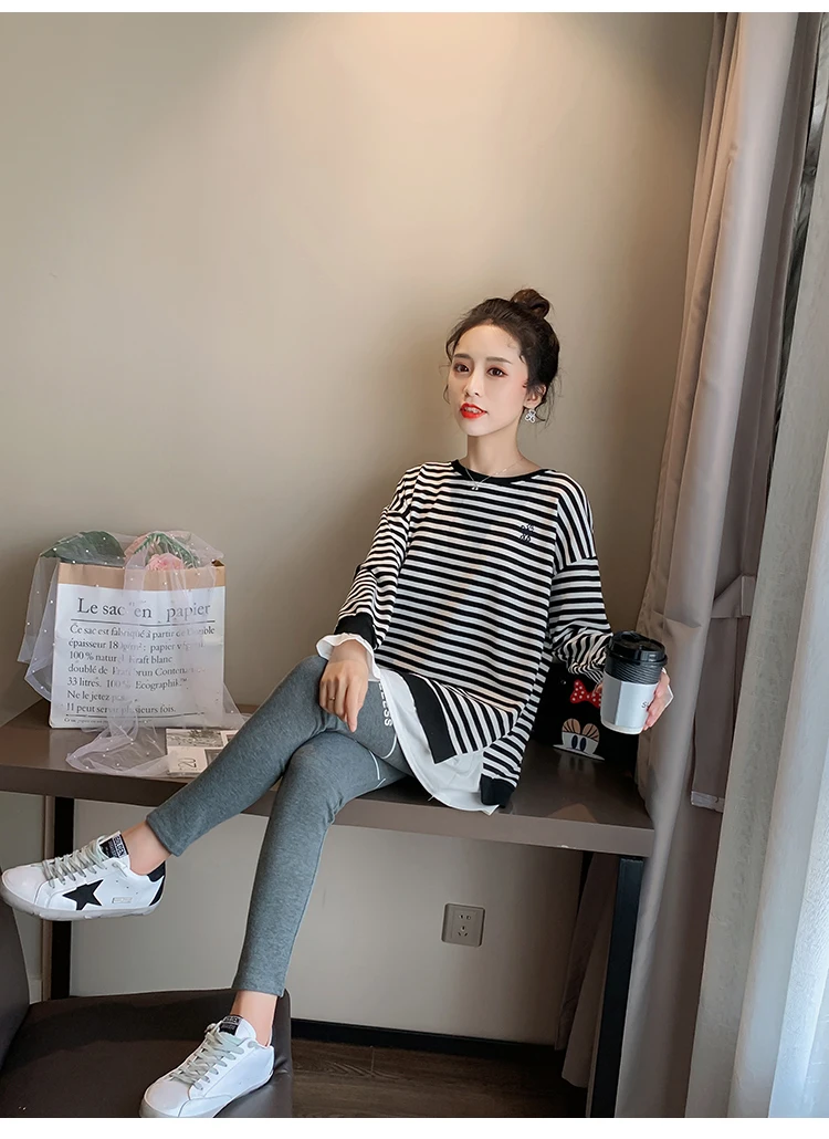 Maternity Autumn Clothes Embroidery Long Sleeve O-Neck Fleece Patchwork Striped Pregnant Women Sweatshirts Loose Cotton Hoodies