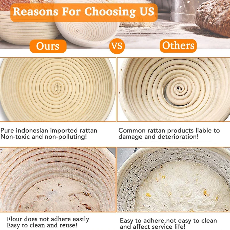 TEYAAO Rattan Bread Proofing Basket Natural Round Rattan Wicker Dough Fermentation Sourdough Banneton Bread Basket