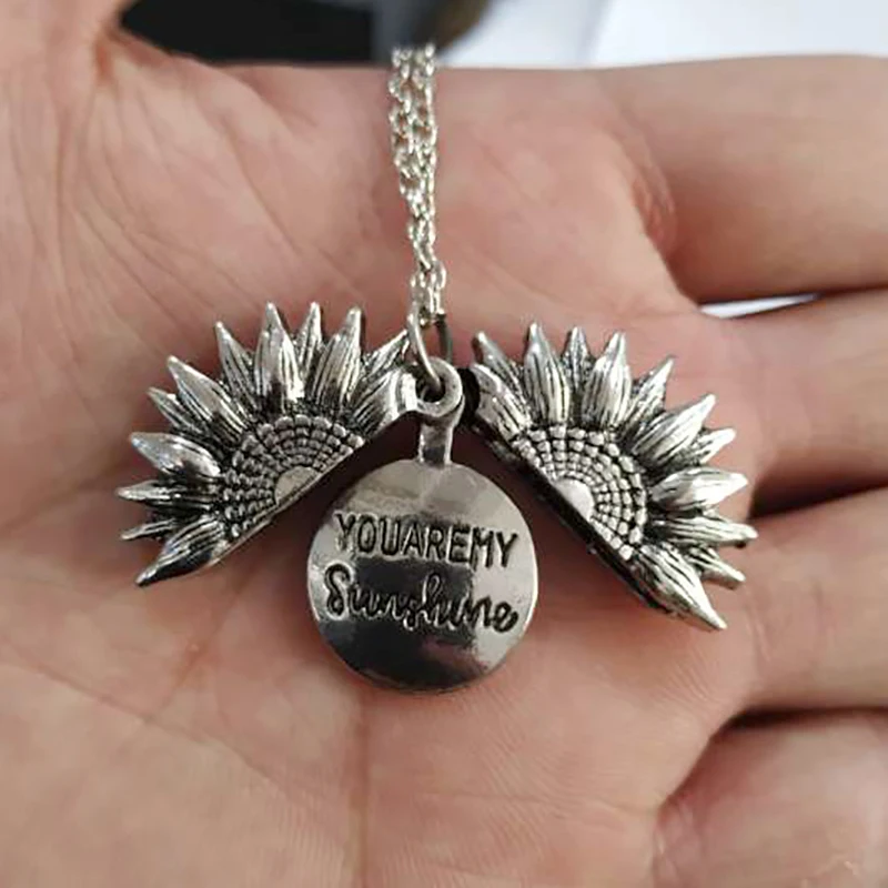 Platinum Винтажное медальон Подсолнух ожерелье с кулоном богемное женское золотое серебряное открытое Подсолнух выгравированное ожерелье ожерелья с буквой модное ювелирное изделие - Окраска металла: Platinum