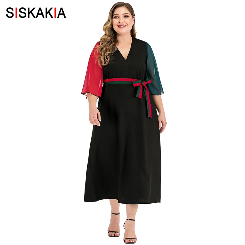 Siskakia, платье миди размера плюс, весна-лето, модное, хит, цвет, пэчворк, v-образный вырез, рукав 3/4, большой размер, женские платья, черные