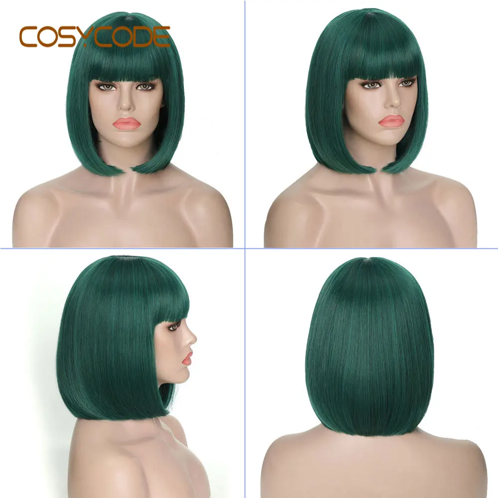 dark green COSYCODE ярко-розовый парик Боб с челкой короткий прямой косплей парик некружевной синтетический костюм вечерние парики для женщин 34 см - Цвет: dark green