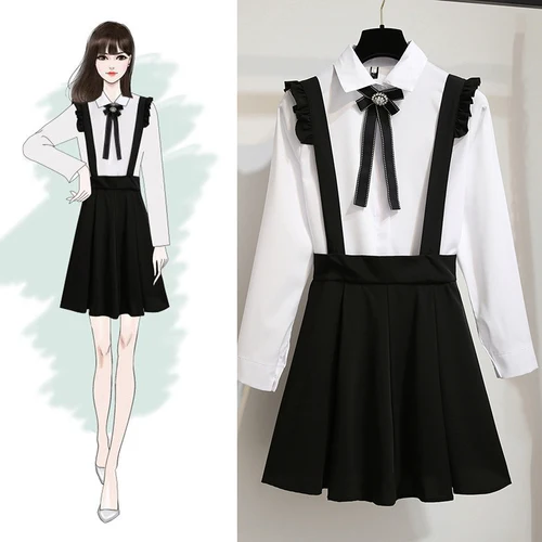 

Oshangchaopin Women Autumn New 2-piece Set Long Sleeve Diamond Bow Blouse+Ruffles Strap Pleated Mini Skirt Fashion Sweet Outfits