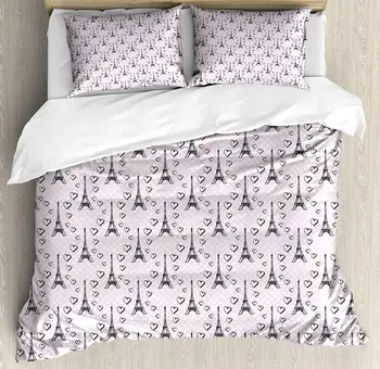 

Eiffel Duvet Cover Set Polka Dot Pattern with Sketchy Eiffel Tower and Romantic Hearts Decorative 3 Piece Bedding Set