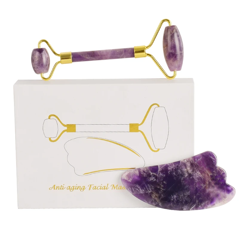 

Natural Amethyst Jade Roller Ghasha Tool Set Hand Massager Sliming Body Lifting Face Scraper Anti Aging Wrinkle Reduce Cellulite