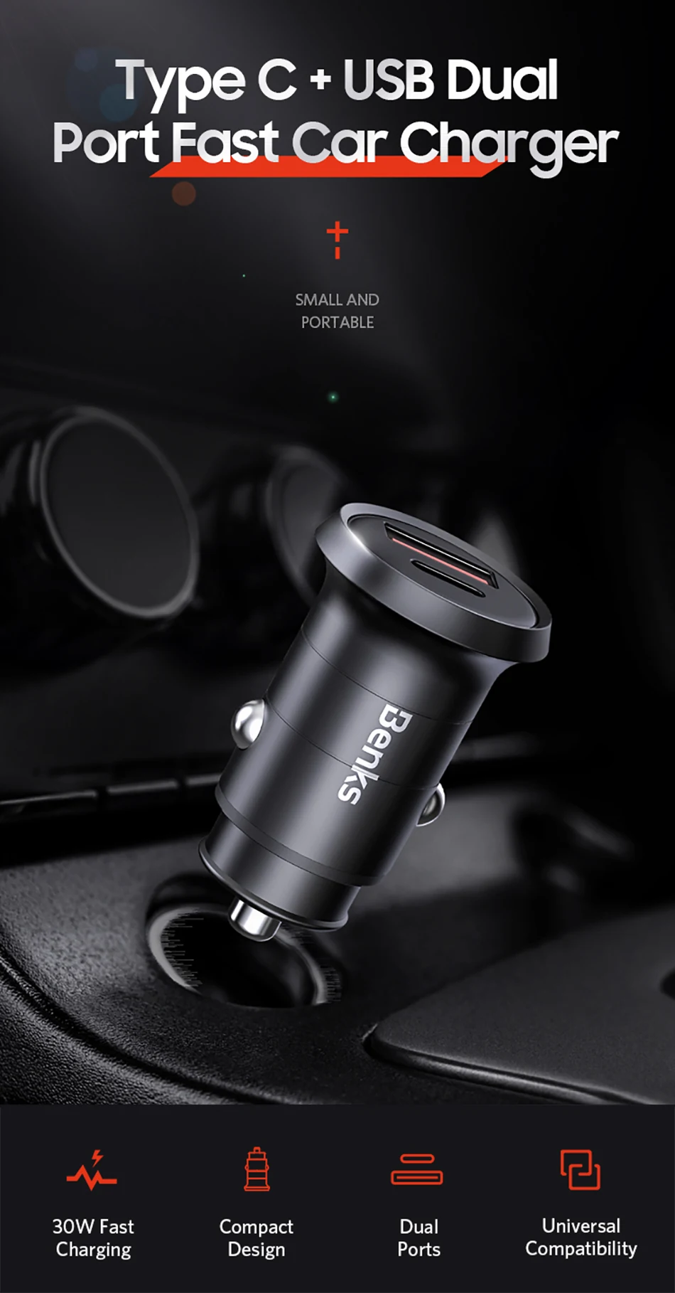 Benks Car Charger Dual Port PD QC 4.0 30W Type C Fast Charging Charger Quick Charge 3.0 For iphone 11 Pro Sumsung Huawei Xiaomi (1)