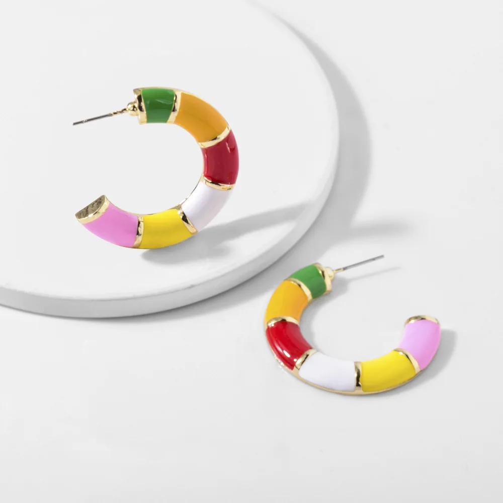 

Luxury Rainbow Color Gold Hoop Earrings for Women Colorful Enamel C Shape Earings Statement Round Circle Earing Fashion Jewelry