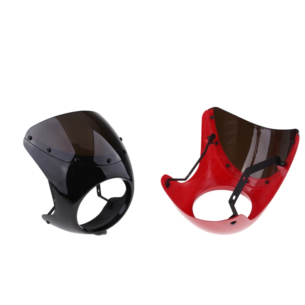 Motorcycle Front Headlight Fairing Screen Retro Cafe Racer Style Universal Smoke Windshield Fit 7 Inch Head Light (Black+Red)