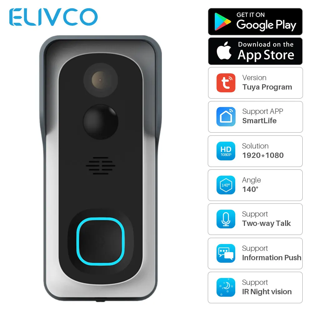 

WiFi Smart Video Doorbell Tuya 1080P Home Security Monitor Night Vision Video Intercom Two way Audio SmartLife APP Control
