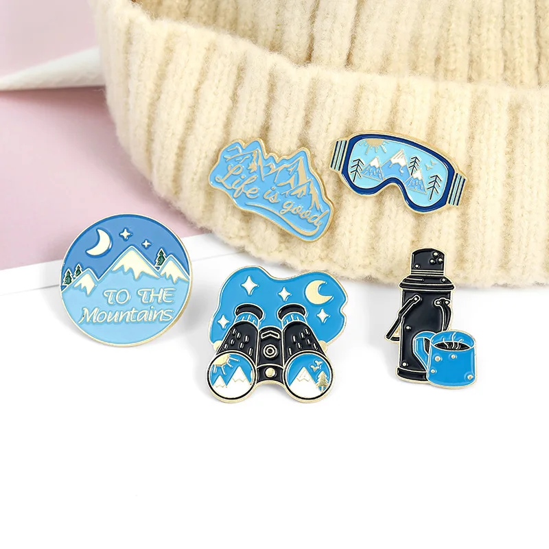 欧美创意热销户外旅行装备望远镜合金胸针 挡风镜 山峰热水壶别针6