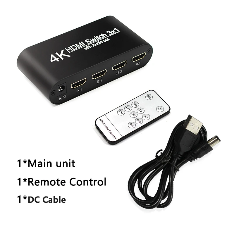 DC cable HDMI коммутатор с аудио сплиттером 3 входа 1 выход HDMI коммутатор 3x1 для xbox 360 PS4 Smart Android HDTV 4K 3 в 1 выход адаптер - Цвет: DC cable