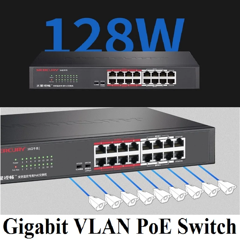 Steel 16 ports 14 PoE 128W Gigabit VLAN Switch for Camera AP over-distance 260meters Desktop Ethernet Network | Компьютеры и офис