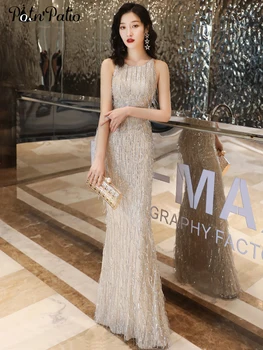 

Sexy Backless Prom Dresses 2020 Elegant O-neck Sleeveless Feather Sequined Lace Floor-length Mermaid Evening Dresses Long