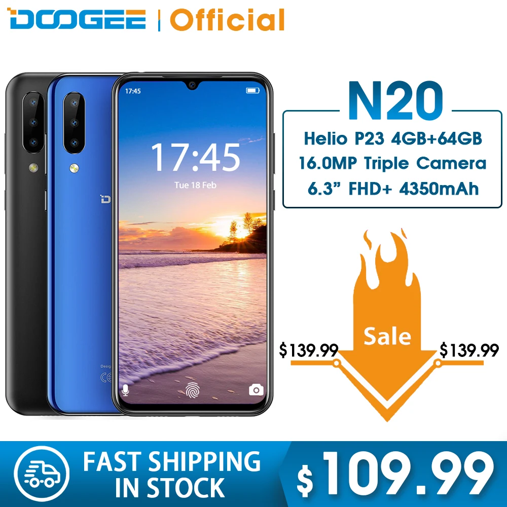 DOOGEE N20 téléphone portable empreinte digitale 6.3 pouces FHD + affichage 16MP Triple caméra arrière 64GB 4GB MT6763 Octa Core 4350mAh téléphone portable LTE