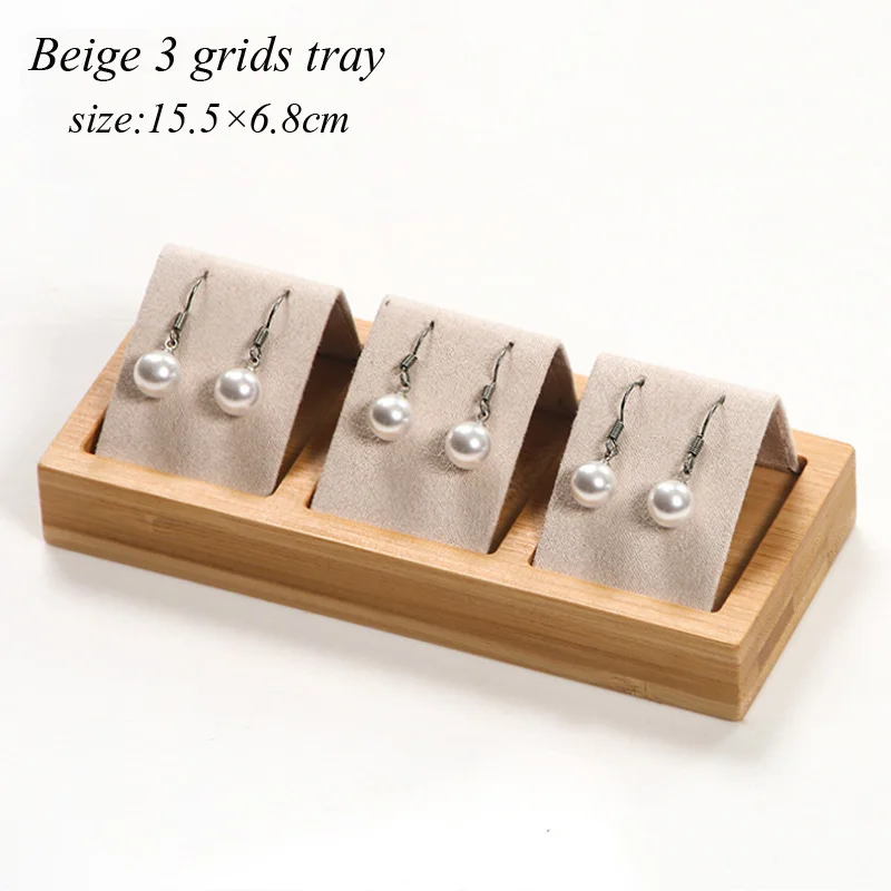 1/2/3 сетки Роскошная бамбуковая деревянная коробка для украшений 4 размера на выбор для женщин Стенд-витрина для серег ювелирных изделий Дисплей лоток - Цвет: beige 3 grids tray