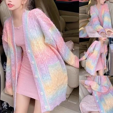  Women Rainbow Knitted Cardigan Long Sleeve Button Down Open Front Sweater Knee Length Loose Tops Coat Jacket Outerwear 
