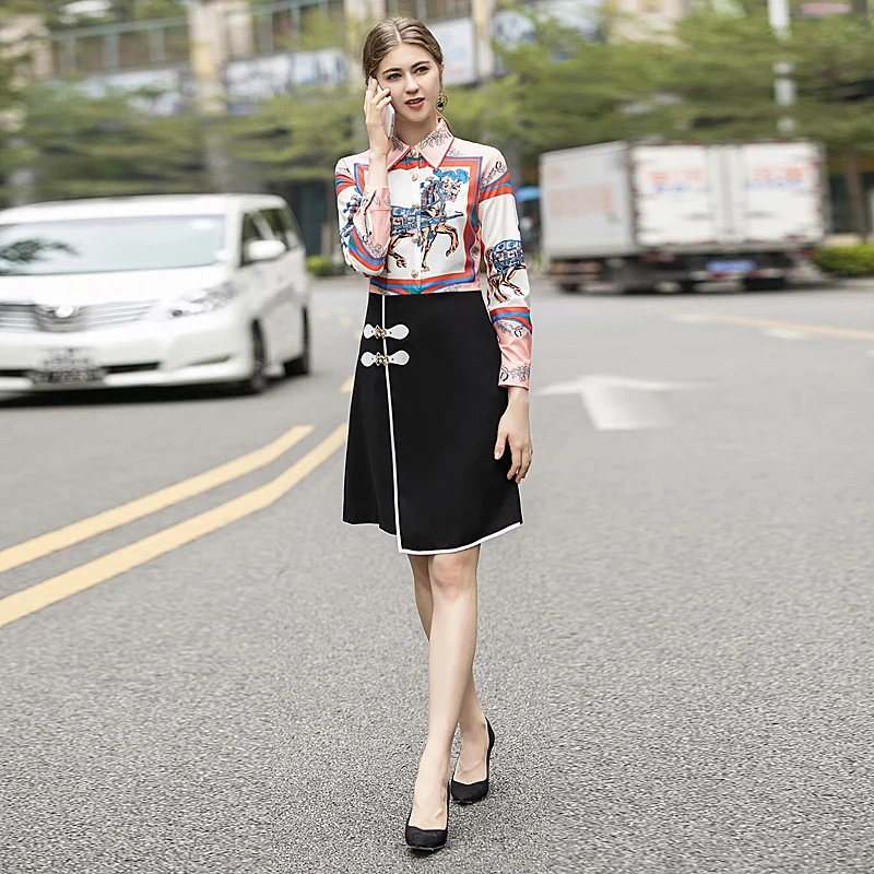 

Mini Dress Runway High Quality Spring Autumn New Women'S Fashion Work Party Casual Vintage Elegant Chic Print Stitching Dresses