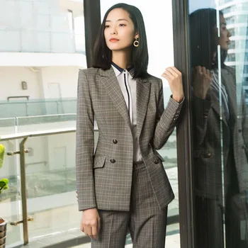 

Women's suit 2019 autumn new fashion casual temperament slim waist lattice double-breasted small suit trousers two-piece set