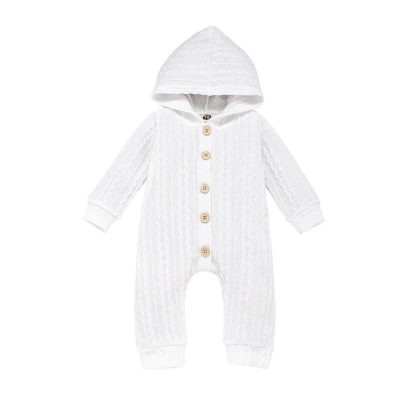 0-24M Newborn Kid Baby Girl Boy Clothes set Knitted Hooded Romper Plain Solid Sweater Jumpsuit Cute Winter Warm Sweet Outfits - Color: White