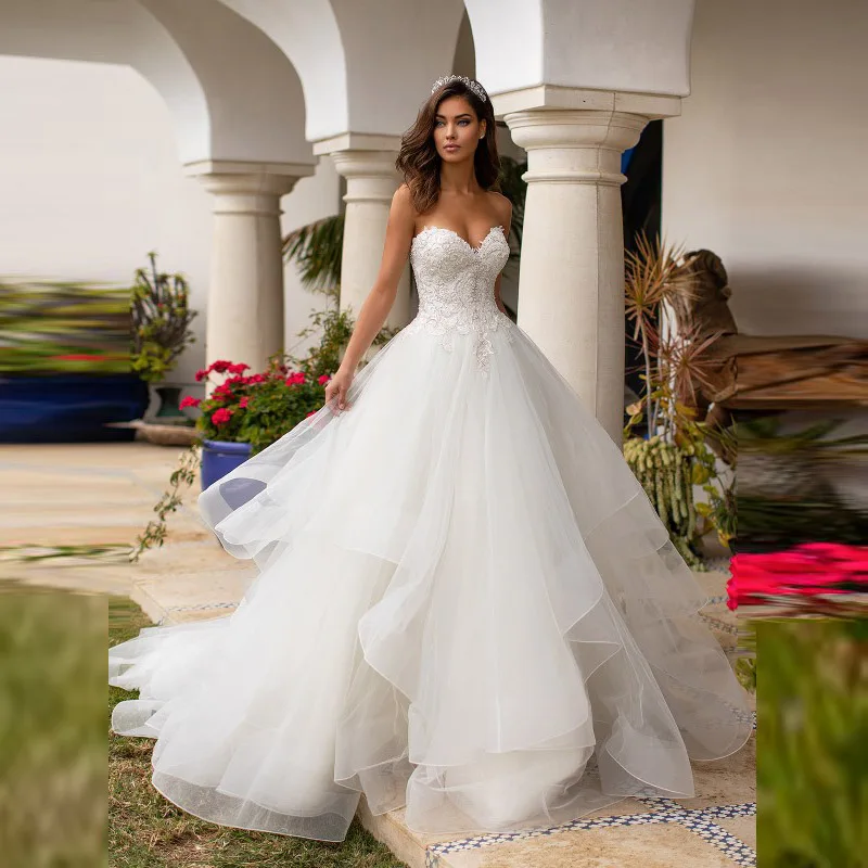 

Gorgeous Hot Sale White Organza Wedding Gowns for Bride Lace Sweetheart Beading Bridal Wedding Dresses Back Out Ruffle Skirt