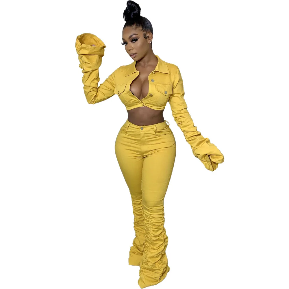 

Adogirl Solid Ruched Two Piece Set Long Sleeve Crop Top Jacket Pencil Pants