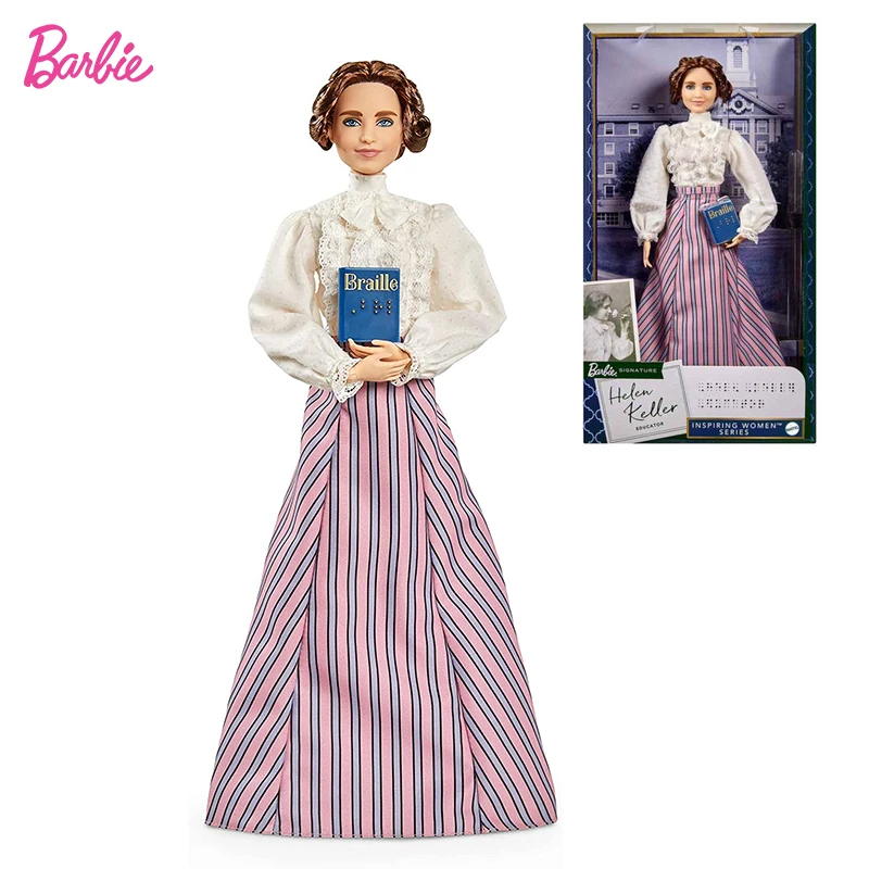 

Genuine Barbie Signature Inspiring Women Helen Keller Doll White Bow Knot Shirt Striped Dress Girl Play House Toy Birthday Gift