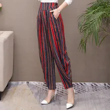 Verano de las mujeres pantalones 2020 mujer coreana vintage a rayas de impresión pantalones de cintura alta Overiszed holgadas de cuadros pantalones de verano elegante Pantalones