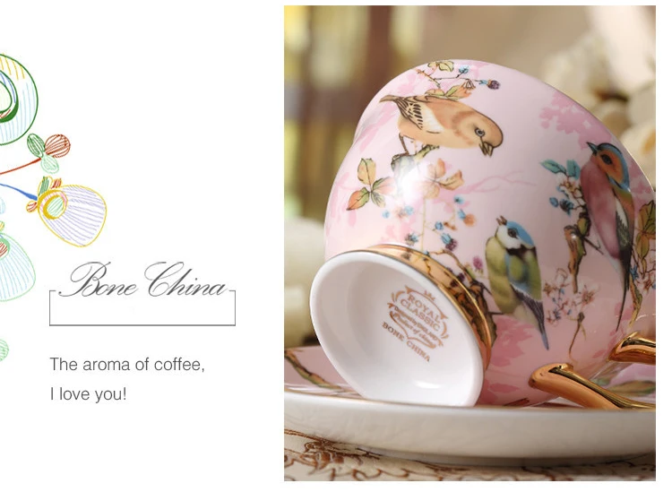 Description Picture 5 of itemWourmth European Bone China Coffee Cup Set Pink Bird Creative Ceramic Phnom Penh Afternoon Tea Cup & Saucer With Spoon Nice Gift