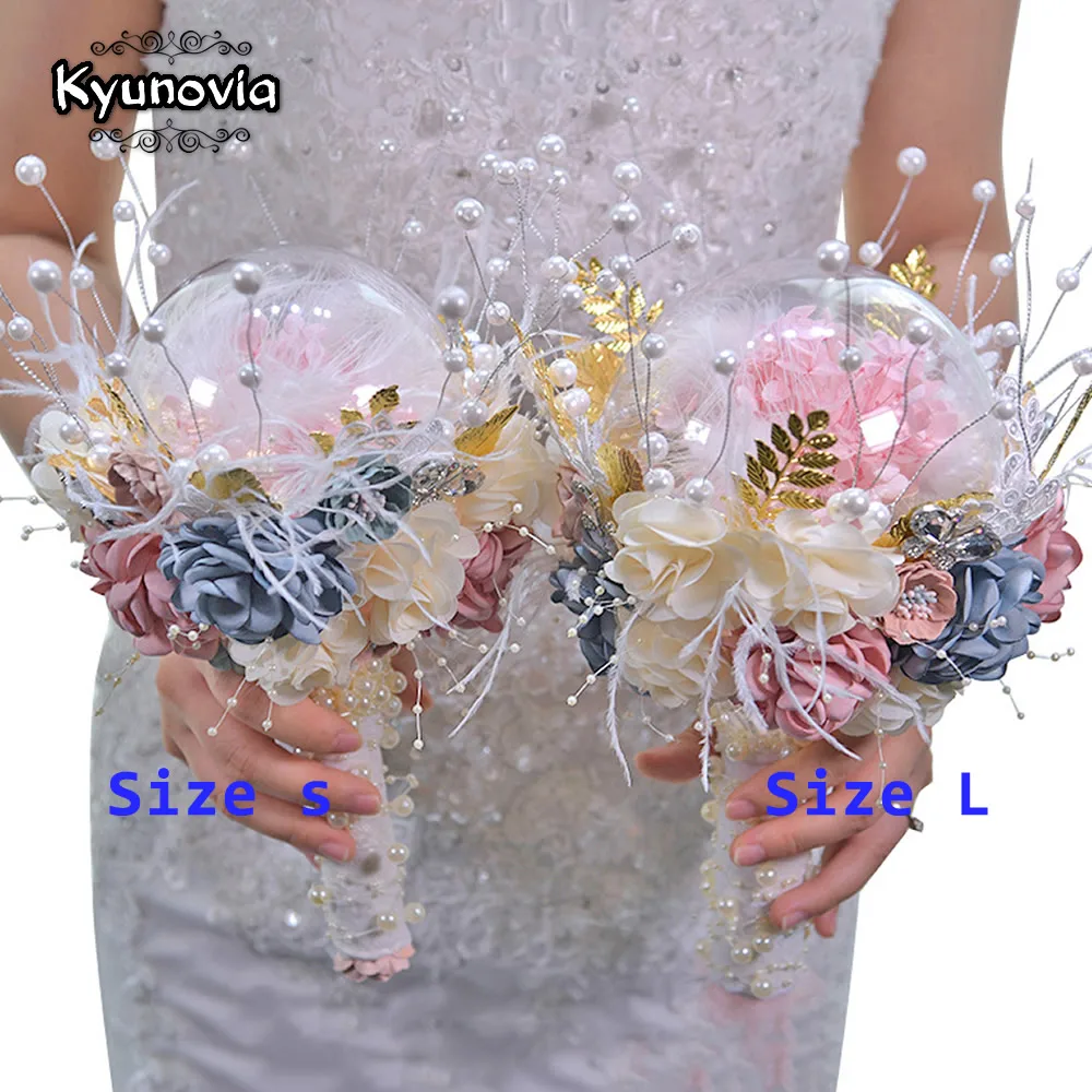 Kyunovia Dried Hydrangea Flower InTransparent Balls Pearl Bouquet Golden Leaf Bride Wedding Bouquet ramos gold de damas BY46