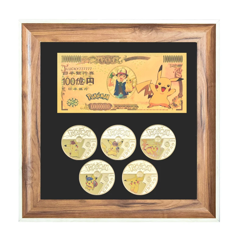 5PCS Gold Coins Set Banknote with Wood Frame Case Japanese Challenge Coins Dragon Ball Anime Coins Collectibles Giift for Men