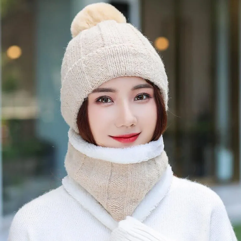 SUOGRY Hot Selling 2pcs Ski Cap And Scarf Cold Warm Leather Winter Hat for Women Knitted Hat Bonnet Warm Cap Skullies Beanies